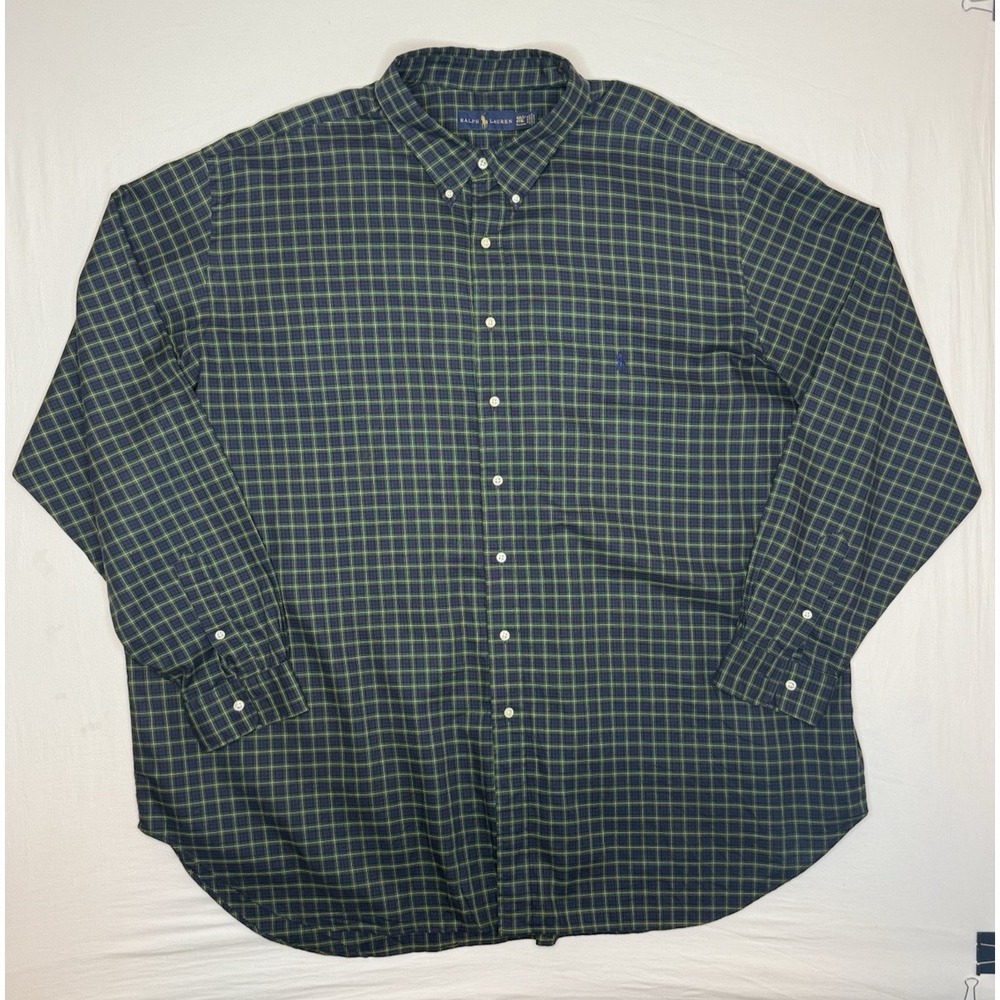 Ralph Lauren Men's 4XLT Big & Tall Blue/Green Plaid 100% Cotton Shirt Polo Pony